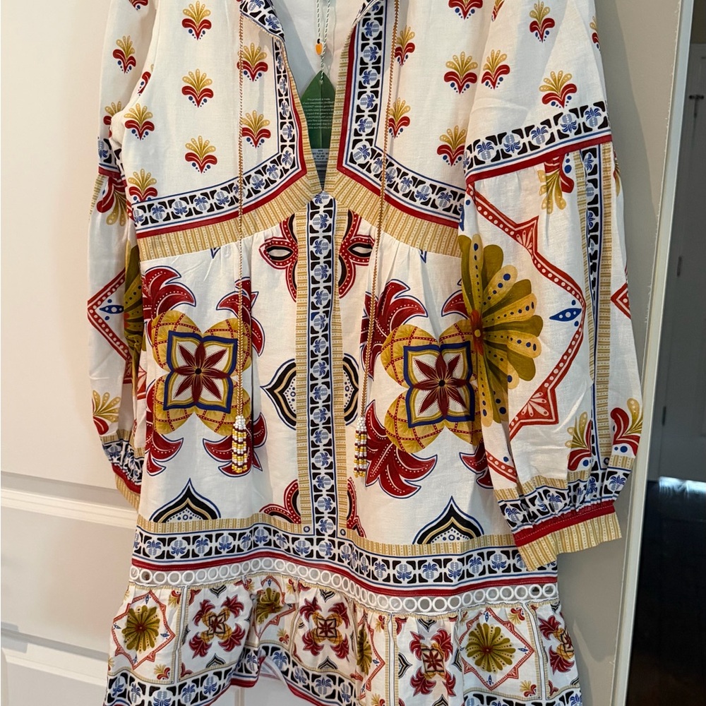 Authentic Farm Rio BNWT White Boho Floral Print Dress with Red & Mustard Accents